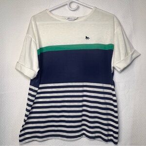 Chesterfield Navy and White Striped Colorblock Short Sleeve Women Tee Size Large